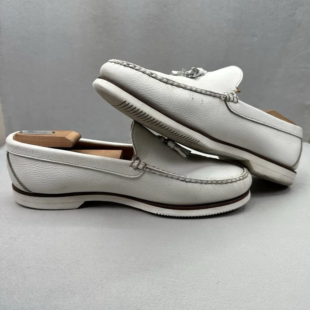 Maus & Hoffman 3196 Mens 9 (W) Tasseled White Leather Loafers Slip On Boat Shoes